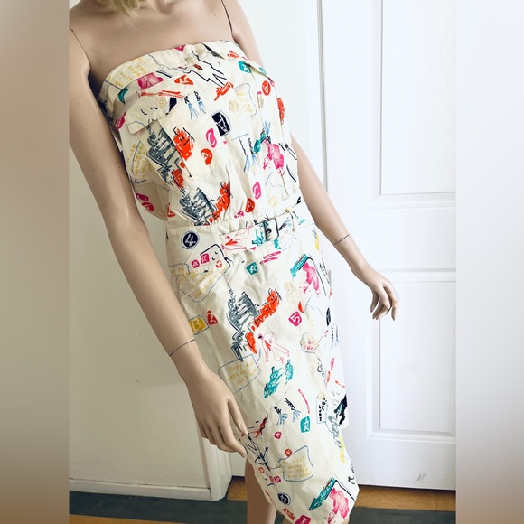 Vintage 80s Jag Graffiti Print Strapless Summer Cotton Button Front Dress M - Picture 13 of 16